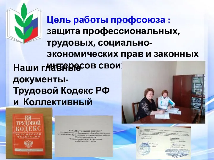 Цель работы профсоюза : защита профессиональных, трудовых, социально-экономических прав и законных