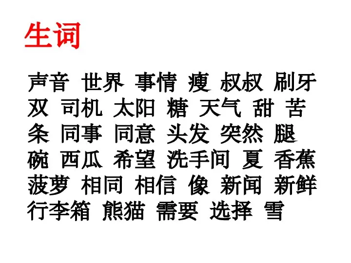 生词 声音 世界 事情 瘦 叔叔 刷牙 双 司机 太阳 糖