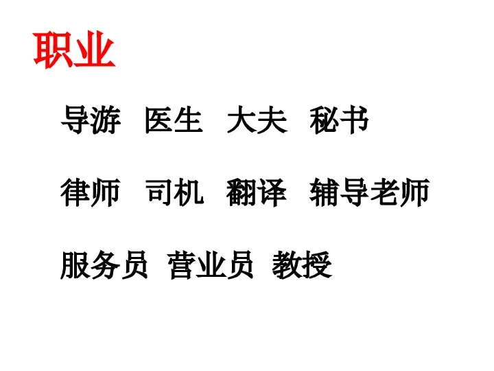 职业 导游 医生 大夫 秘书 律师 司机 翻译 辅导老师 服务员 营业员 教授