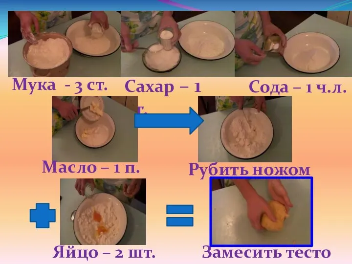 Мука - 3 ст. Сахар – 1 ст. Сода – 1