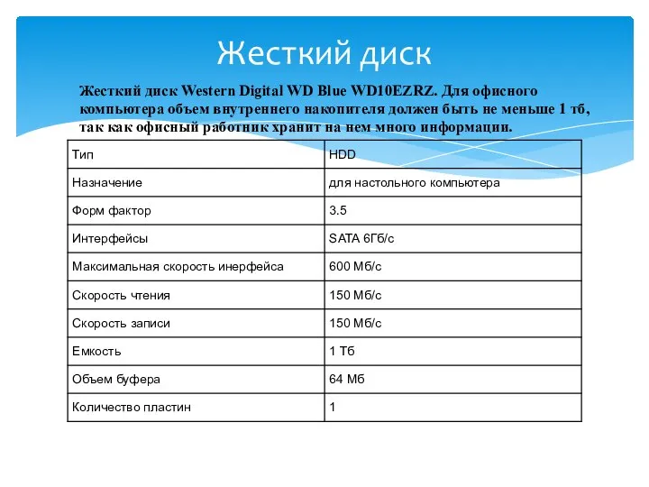 Жесткий диск Western Digital WD Blue WD10EZRZ. Для офисного компьютера объем
