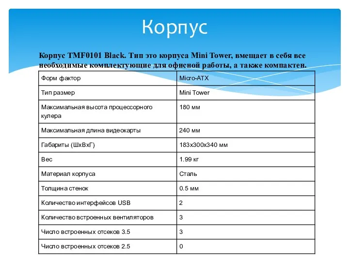 Корпус TMF0101 Black. Тип это корпуса Mini Tower, вмещает в себя