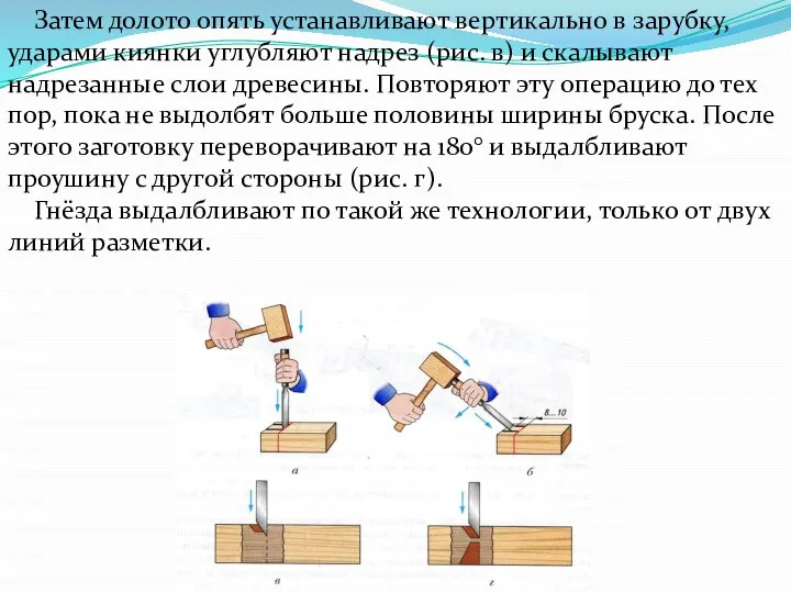 Затем долото опять устанавливают вертикально в зарубку, ударами киянки углубляют надрез