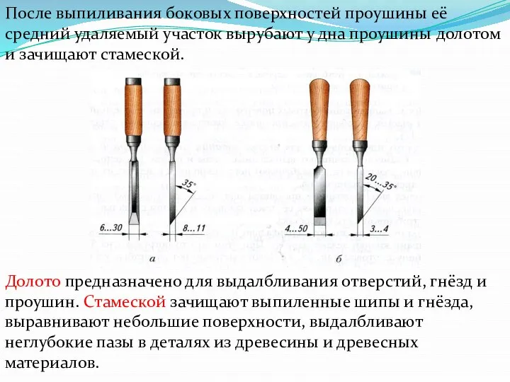 После выпиливания боковых поверхностей проушины её средний удаляемый участок вырубают у