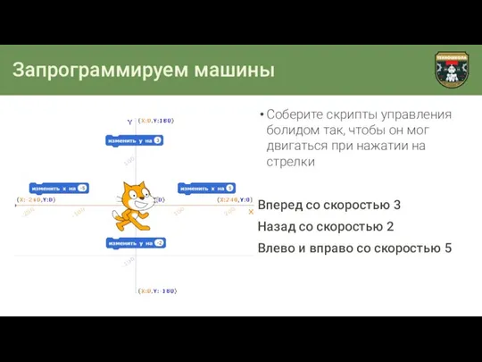 Запрограммируем машины Соберите скрипты управления болидом так, чтобы он мог двигаться