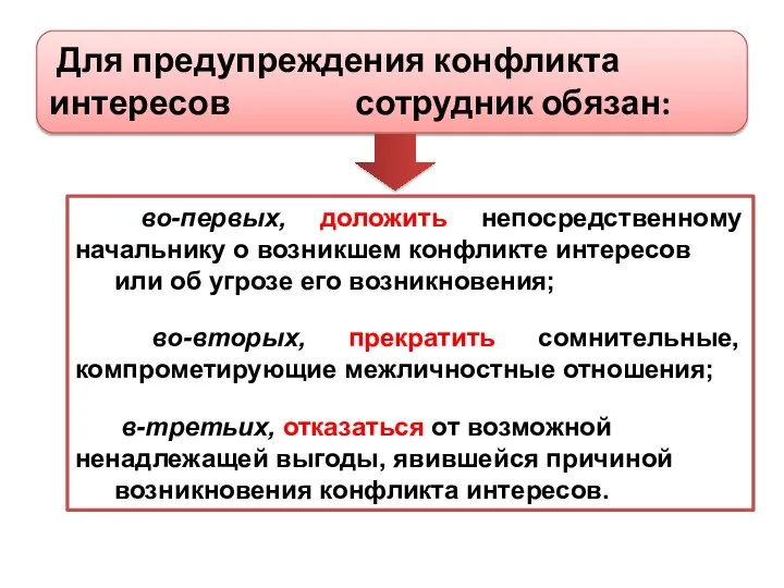 Для предупреждения конфликта интересов сотрудник обязан: во-первых, доложить непосредственному начальнику о