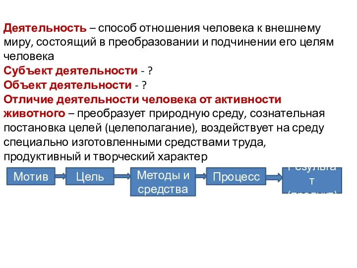 Деятельность – способ отношения человека к внешнему миру, состоящий в преобразовании