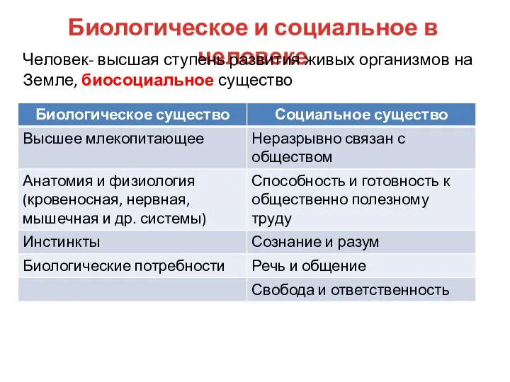 Биологическое и социальное в человеке Человек- высшая ступень развития живых организмов на Земле, биосоциальное существо