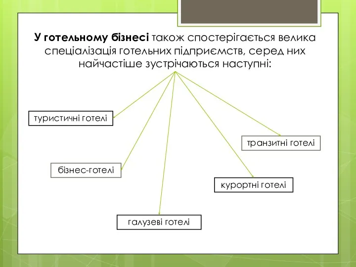 У готельному бізнесі також спостерігається велика спеціалізація готельних підприємств, серед них