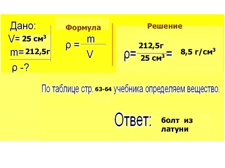 Формула Решение 63-64 25 см3 212,5г 25 см3 212,5г 8,5 г/см3 болт из латуни