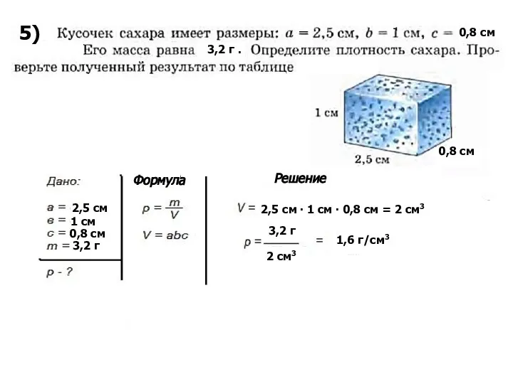 2,5 см 1 см 0,8 см 3,2 г 5) Формула Решение