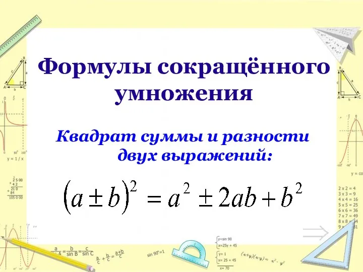 Формулы сокращённого умножения Квадрат суммы и разности двух выражений: