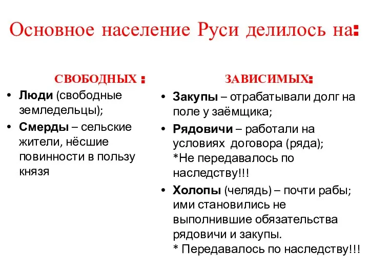 Основное население Руси делилось на: СВОБОДНЫХ : Люди (свободные земледельцы); Смерды