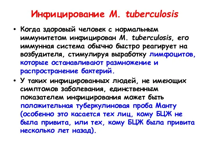 Инфицирование M. tuberculosis Когда здоровый человек с нормальным иммунитетом инфицирован M.