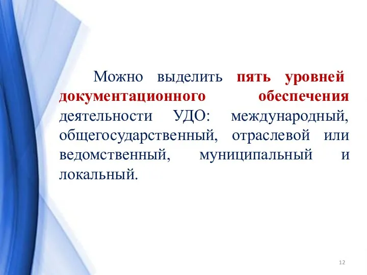 Можно выделить пять уровней документационного обеспечения деятельности УДО: международный, общегосударственный, отраслевой или ведомственный, муниципальный и локальный.