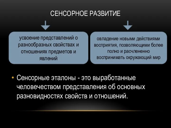 СЕНСОРНОЕ РАЗВИТИЕ Сенсорные эталоны - это выработанные человечеством представления об основных