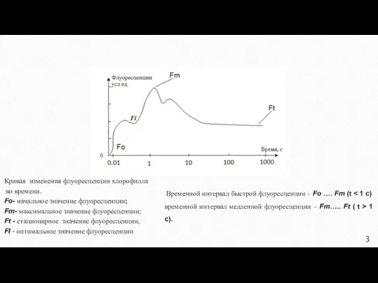 Кривая изменения флуоресценции хлорофилла во времени. Fo- начальное значение флуоресценции; Fm-