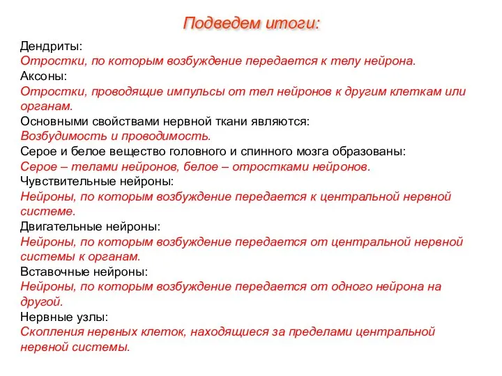 Дендриты: Отростки, по которым возбуждение передается к телу нейрона. Аксоны: Отростки,