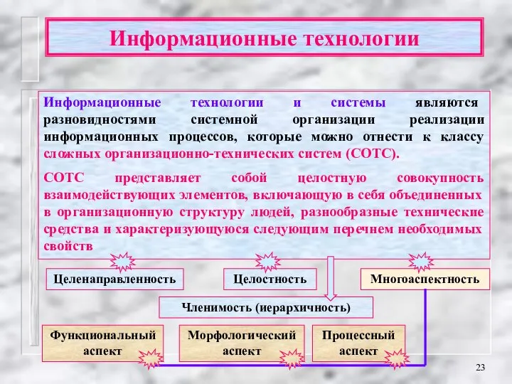 Информационные технологии Информационные технологии и системы являются разновидностями системной организации реализации