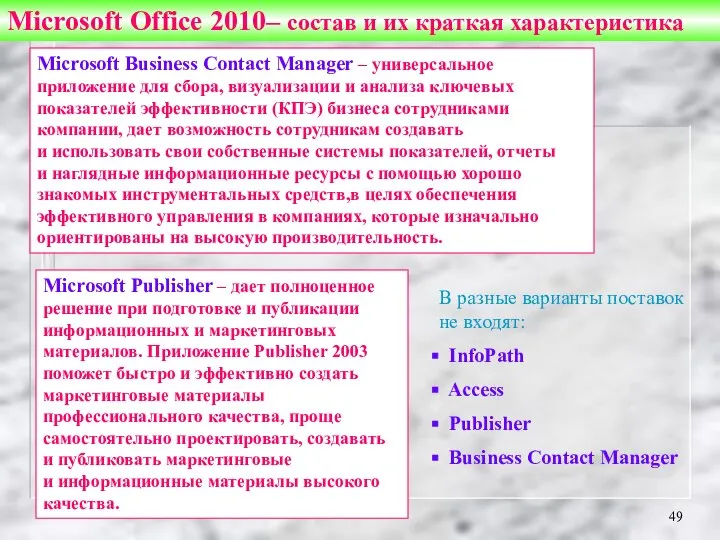 Microsoft Office 2010– состав и их краткая характеристика Microsoft Publisher –