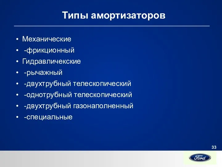 Типы амортизаторов Механические -фрикционный Гидравличекские -рычажный -двухтрубный телескопический -однотрубный телескопический -двухтрубный газонаполненный -специальные