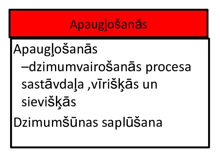 Apaugļošanās Apaugļošanās –dzimumvairošanās procesa sastāvdaļa ,vīrišķās un sievišķās Dzimumšūnas saplūšana