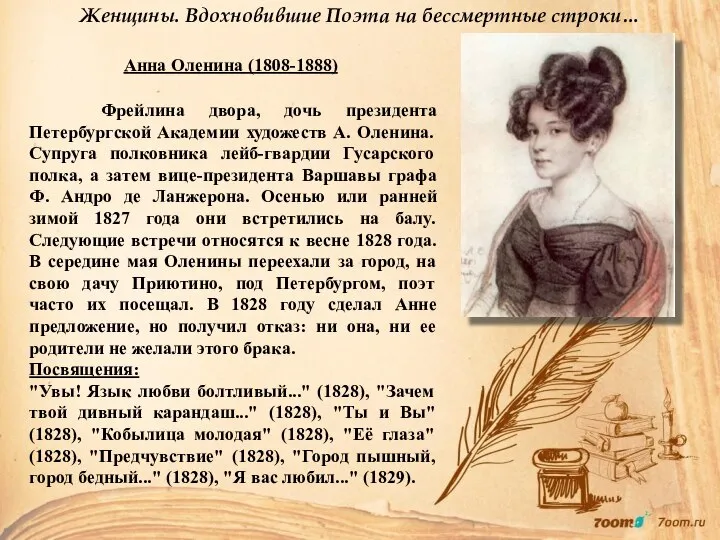 Женщины. Вдохновившие Поэта на бессмертные строки… Анна Оленина (1808-1888) Фрейлина двора,