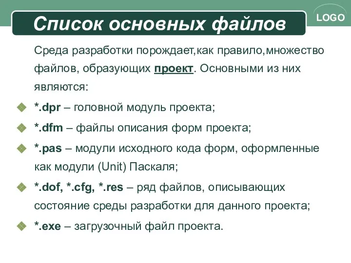 Список основных файлов Среда разработки порождает,как правило,множество файлов, образующих проект. Основными