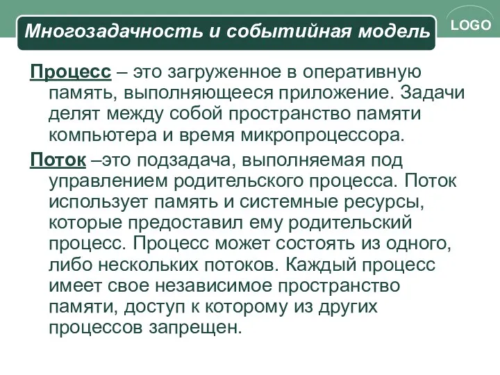 Многозадачность и событийная модель Процесс – это загруженное в оперативную память,