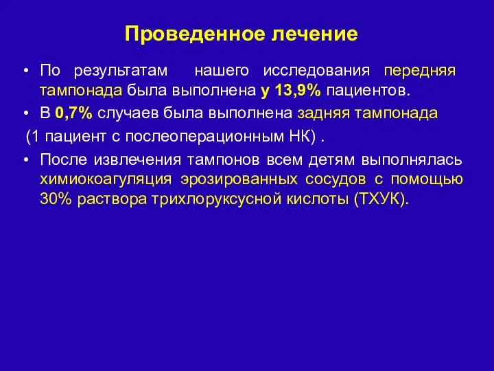 Проведенное лечение По результатам нашего исследования передняя тампонада была выполнена у