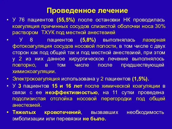 Проведенное лечение У 76 пациентов (55,5%) после остановки НК проводилась коагуляция