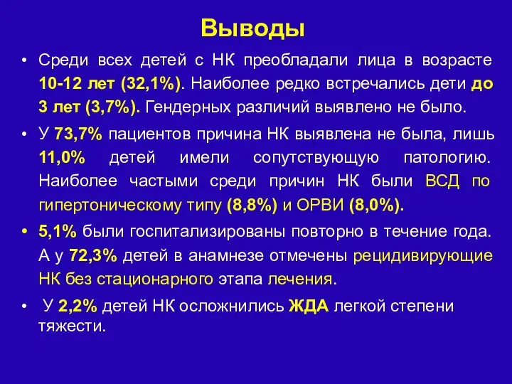 Выводы Среди всех детей с НК преобладали лица в возрасте 10-12