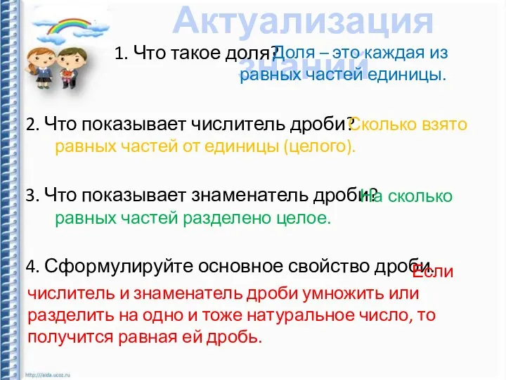 Актуализация знаний 1. Что такое доля? 2. Что показывает числитель дроби?