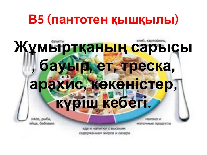 В5 (пантотен қышқылы) Жұмыртқаның сарысы , бауыр, ет, треска, арахис, көкөністер, күріш кебегі.