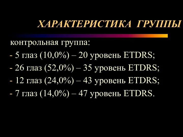 ХАРАКТЕРИСТИКА ГРУППЫ контрольная группа: 5 глаз (10,0%) – 20 уровень ETDRS;