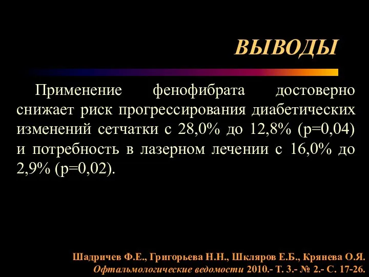 ВЫВОДЫ Применение фенофибрата достоверно снижает риск прогрессирования диабетических изменений сетчатки с