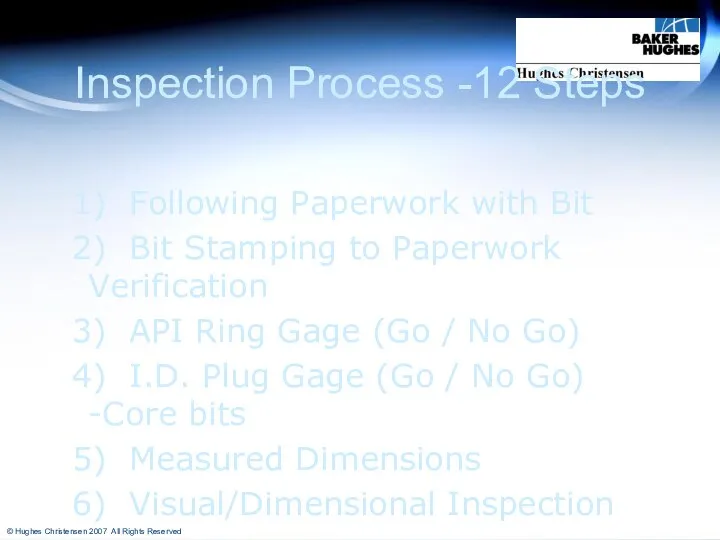 Inspection Process -12 Steps 1) Following Paperwork with Bit 2) Bit