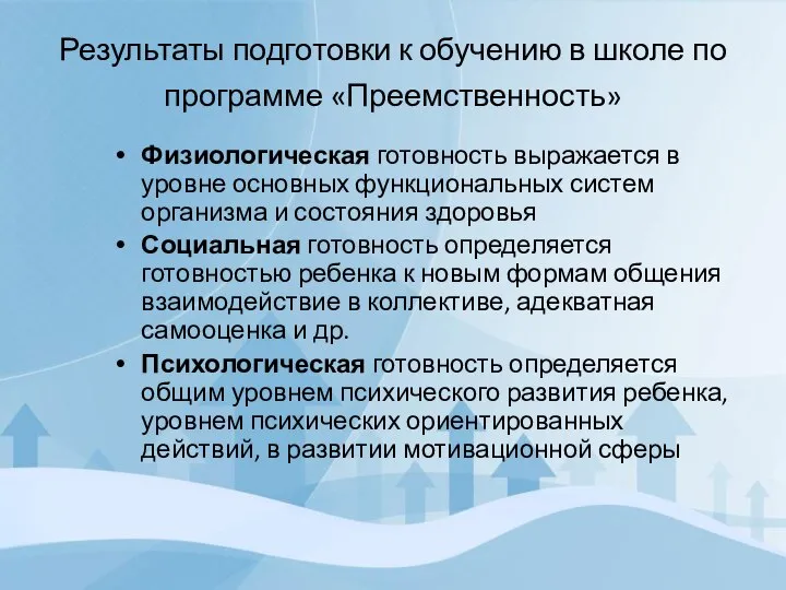 Результаты подготовки к обучению в школе по программе «Преемственность» Физиологическая готовность