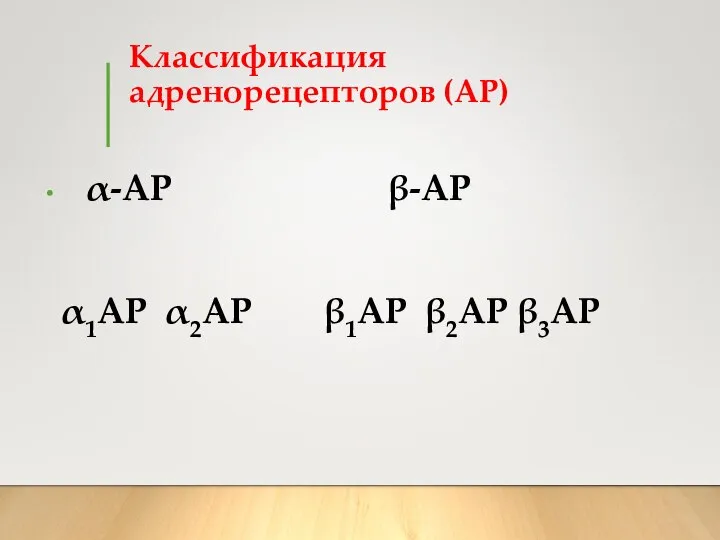 Классификация адренорецепторов (АР) α-АР β-АР α1АР α2АР β1АР β2АР β3АР