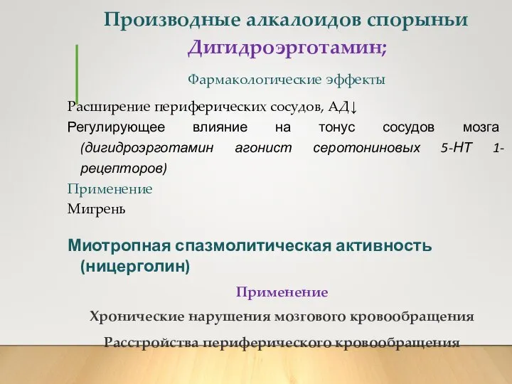 Производные алкалоидов спорыньи Дигидроэрготамин; Фармакологические эффекты Расширение периферических сосудов, АД↓ Регулирующее