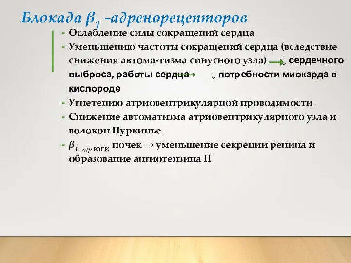 Блокада β1 -адренорецепторов Ослабление силы сокращений сердца Уменьшению частоты сокращений сердца