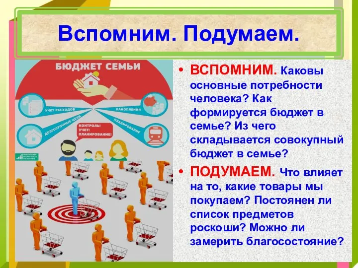 Вспомним. Подумаем. ВСПОМНИМ. Каковы основные потребности человека? Как формируется бюджет в