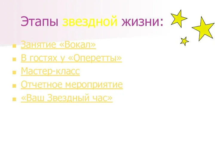 Этапы звездной жизни: Занятие «Вокал» В гостях у «Оперетты» Мастер-класс Отчетное мероприятие «Ваш Звездный час»