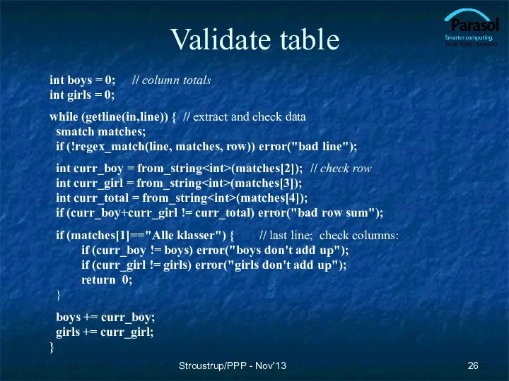 Validate table int boys = 0; // column totals int girls