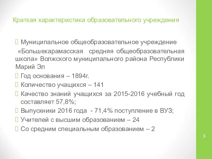 Краткая характеристика образовательного учреждения Муниципальное общеобразовательное учреждение «Большекарамасская средняя общеобразовательная школа»