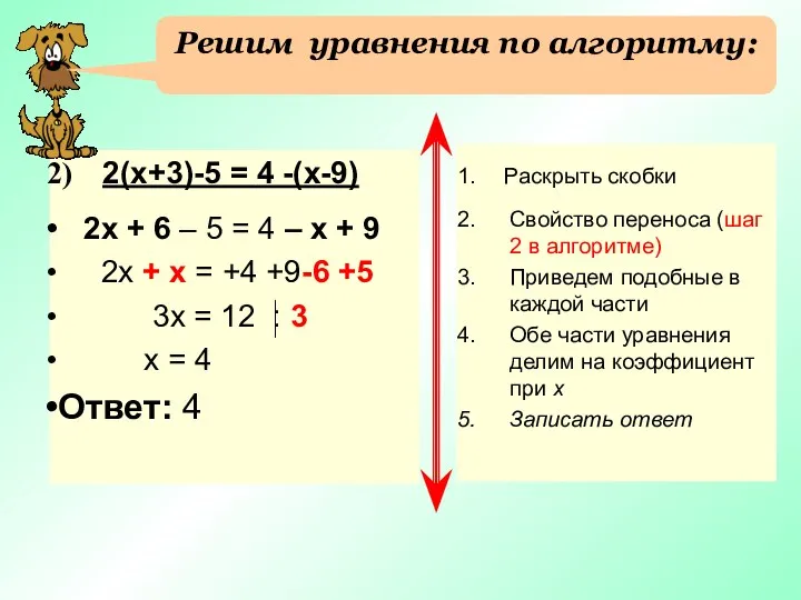 2(х+3)-5 = 4 -(х-9) 2х + 6 – 5 = 4