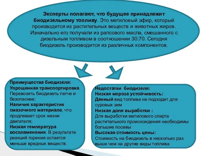 Эксперты полагают, что будущее принадлежит биодизельному топливу. Это метиловый эфир, который