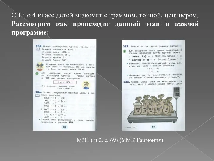 С 1 по 4 класс детей знакомят с граммом, тонной, центнером.