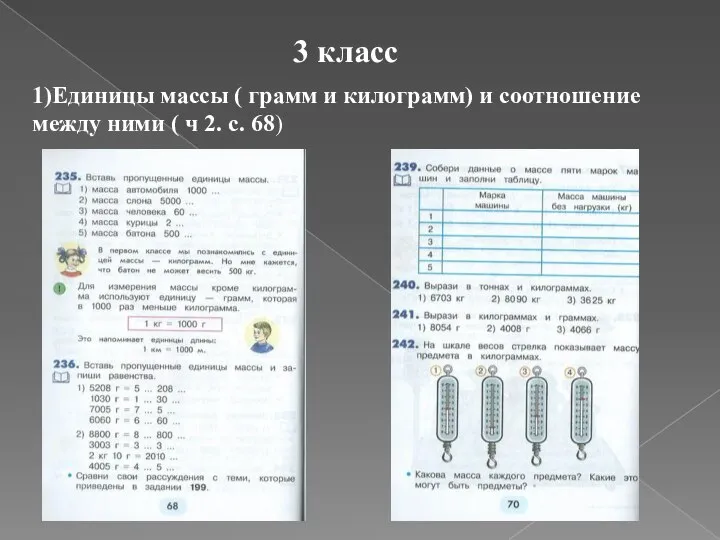 3 класс 1)Единицы массы ( грамм и килограмм) и соотношение между