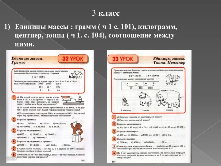 3 класс Единицы массы : грамм ( ч 1 с. 101),